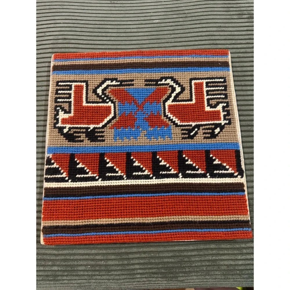 Vintage Needlepoint Tapestry Bird Geometric‎ Southwest Style Framed Art